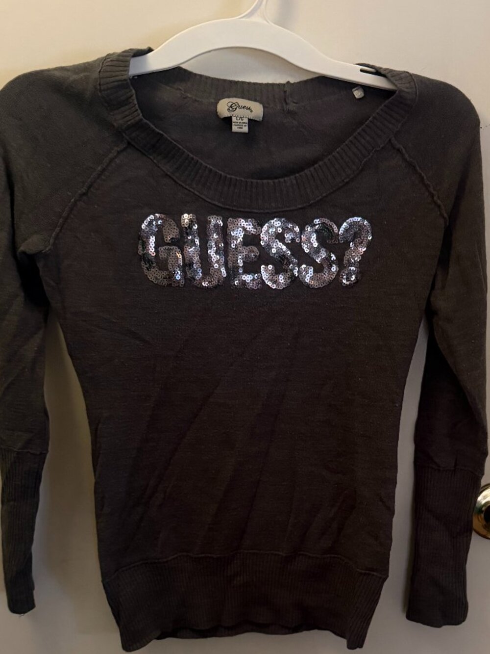 Y2K Guess Gray Sequin Logo Long-Sleeve Sweater Size L